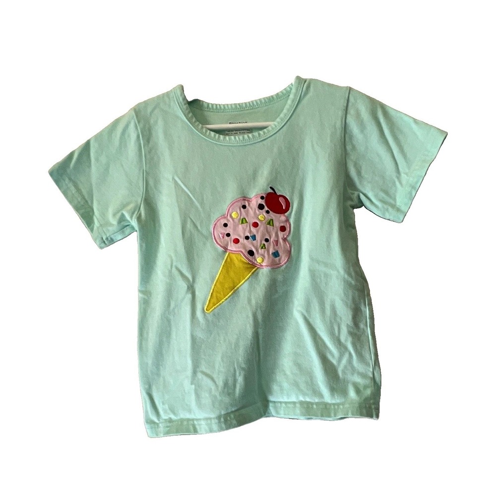 Popshion Girls T-Shirt Size 6 Light Green Ice Cream Appliqué Crew Short Sleeve